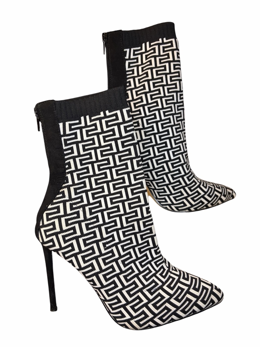 Anne Michelle Black & White Geometric Knit Pointed Stiletto Ankle Boots